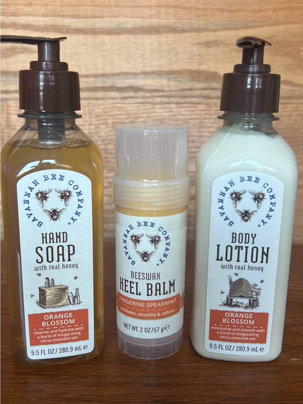 Savannah Bee Company Orange Blossom Hand Soap & Body Lotion & Beeswax Heel Balm